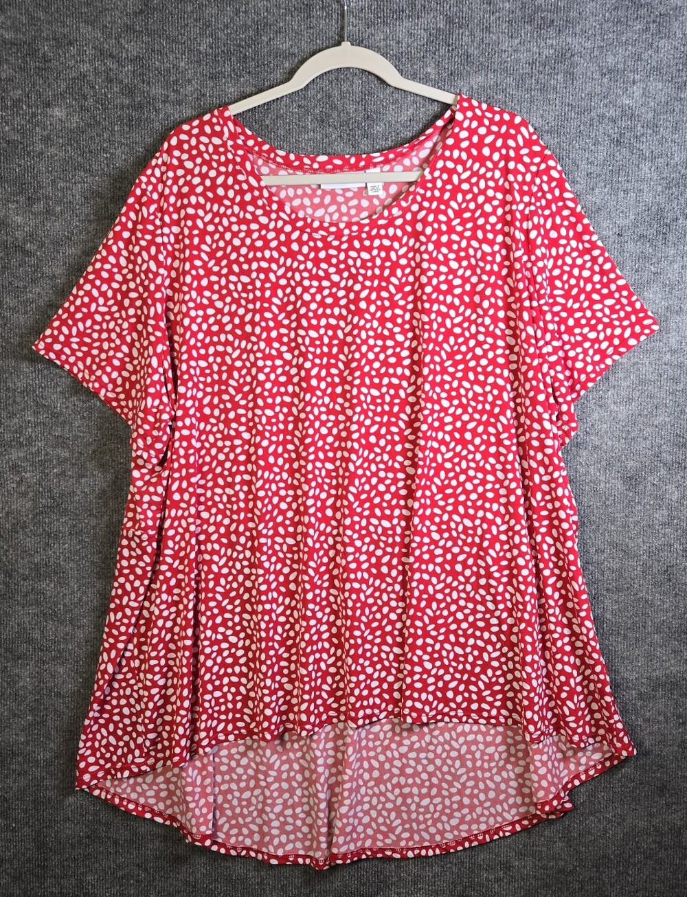 Susan Graver Top Womens 3X Red White Dots Liquid Knit Short Sleeve Hi Lo Flowy